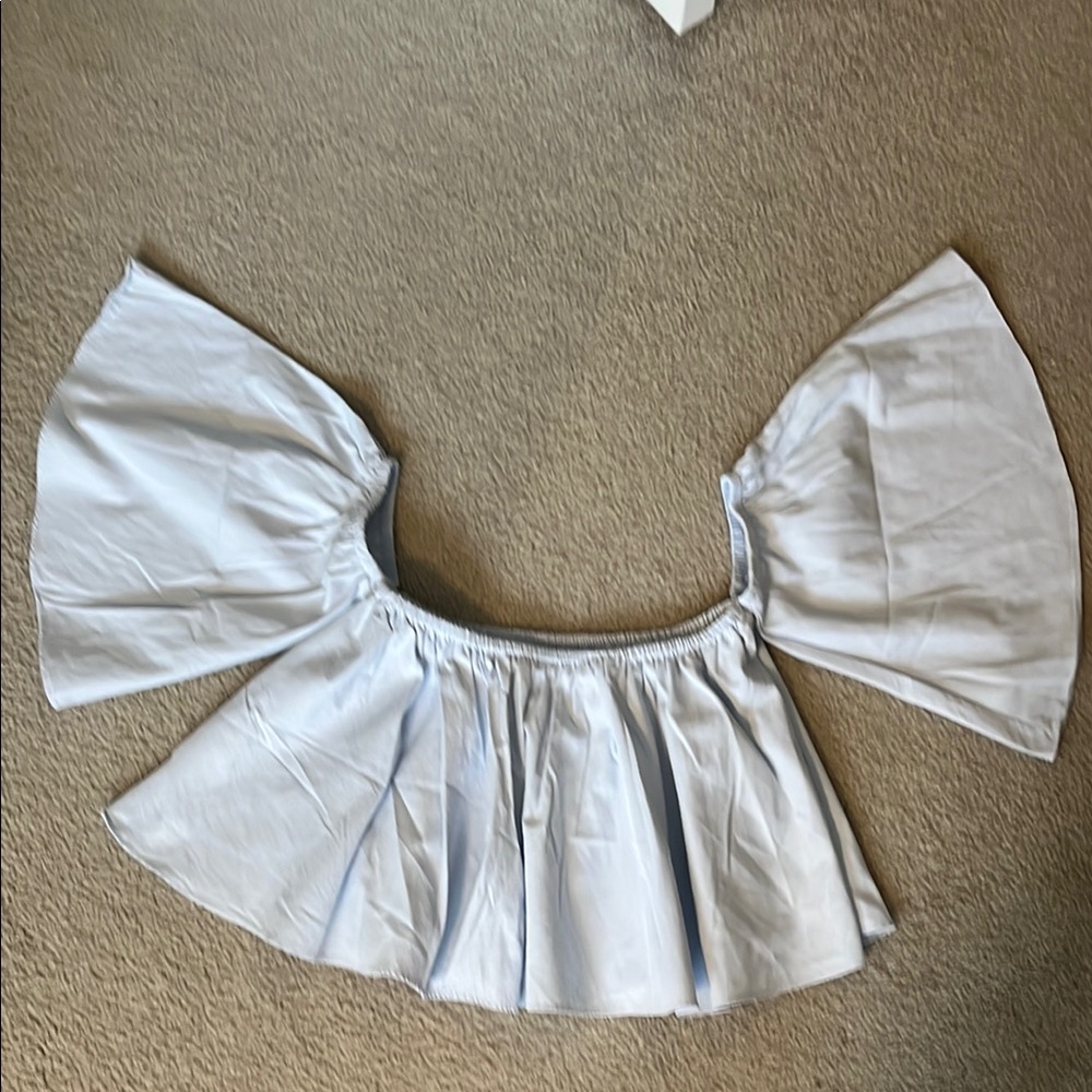 White and blue- Off-Shoulder Top with Flared Sleeves